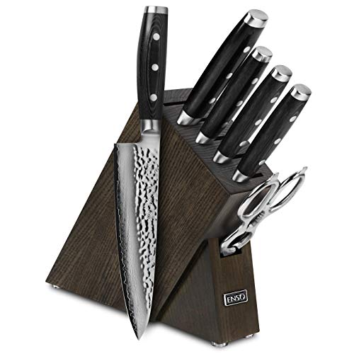 Enso Knife Set - Made in Japan - HD Series - VG10 Hammered Damascus Japanese Stainless Steel with Slim Dark Ash Knife Block - 7 Piece