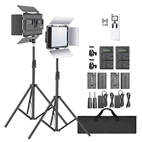 Neewer 2-Pack 2.4G LED Light with 2M Stand Bi-Color 600 SMD CRI 96+ LED Panel/Barndoor/LCD Display Video Lighting Kit for Photo Studio Photography, Ball Head/Remote/Battery/Charger/Case Included