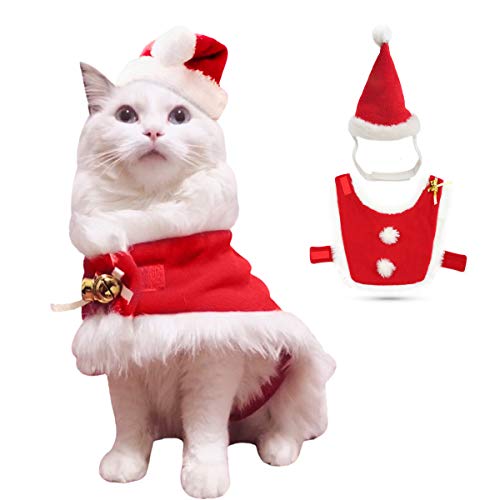 Enjoying Christmas Cat Costume Cat Santa Hat with Christmas Cloak Kitten Costumes Dogs Xmas Outfit with 2 Bells and hairballs, Red