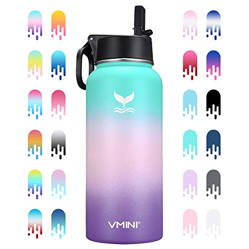 Vmini Water Bottle with New Wide Handle Straw Lid, Wide Mouth Vacuum Insulated 18/8 Stainless Steel, 32 oz, Gradient Mint + Pink + Purple