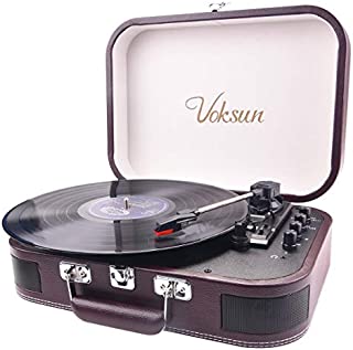 Voksun Record Player, Vintage Bluetooth Turntable with Built-in Stereo Speakers, 3-Speed Suitcase Vinyl Player, Supports Vinyl to MP3 Recording, Phonograph with AUX USB RCA Headphone Jack, Crimson 