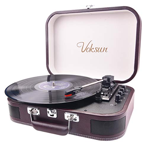 Voksun Record Player, Vintage Bluetooth Turntable with Built-in Stereo Speakers, 3-Speed Suitcase Vinyl Player, Supports Vinyl to MP3 Recording, Phonograph with AUX USB RCA Headphone Jack, Crimson 