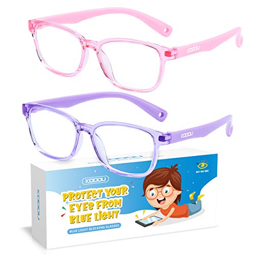 KDDOU 2 Pack Blue Light Blocking Glasses for Kids Ages 3-10, Computer Video Gaming Bluelight Blocker Glasses for Girls & Boys, Anti Blue Light & Eyestrain & Headache (Pink+ Purple)