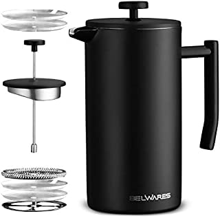 Belwares French Press Coffee Maker - Double Wall 304 Stainless Steel - 4 Level Filtration System with 2 Extra Filters, Black, 50oz (1.5L)