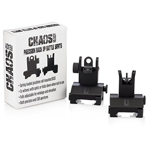 CHAOS READY | Flip Up Iron Sights - Spring Loaded Low Profile Back up Ironsights | Designed for Picatinny 1913 Pattern Rails | Co-Witness Front and Rear BUIS Combo Set |