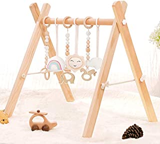 HAN-MM Wooden Baby Gym with 6 Wooden Baby Toys Foldable Baby Play Gym Frame Activity Gym Hanging Bar Newborn Gift Baby Girl and Boy Gym (Natural Color)