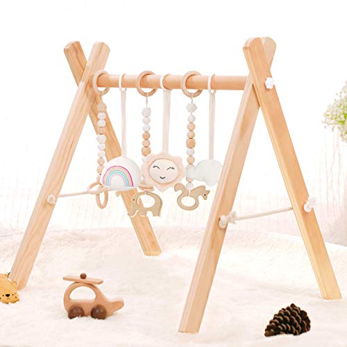 HAN-MM Wooden Baby Gym with 6 Wooden Baby Toys Foldable Baby Play Gym Frame Activity Gym Hanging Bar Newborn Gift Baby Girl and Boy Gym (Natural Color)