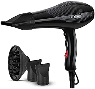 SABUY 2200W Professional Hair Dryer, Ionic Ceramic Blow Dryer with Diffuser and Concentrator Nozzles, Salon Performance, Black, IHD8501