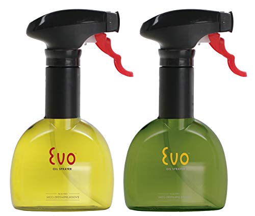 Evo Oil Sprayer Bottle, Non-Aerosol for Olive Cooking Oils, 8-ounce Capacity, Set of 2, Green and Yellow