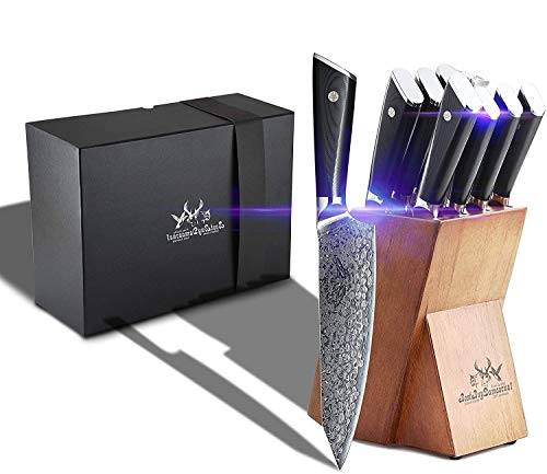 Knife Block Set 9 Pcs Japanese AUS-10 Damascus Steel Chefs Knives High Carbon Core Stainless Steel Full Tang Chef Knife Set Black G10 Home & Kitchen Professional Knife Block Sets