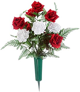 Fox Valley Traders Oakridge Red Roses and White Carnation Memorial Bouquet  Silk Floral Décor for Indoor/Outdoor Use  12 Diameter