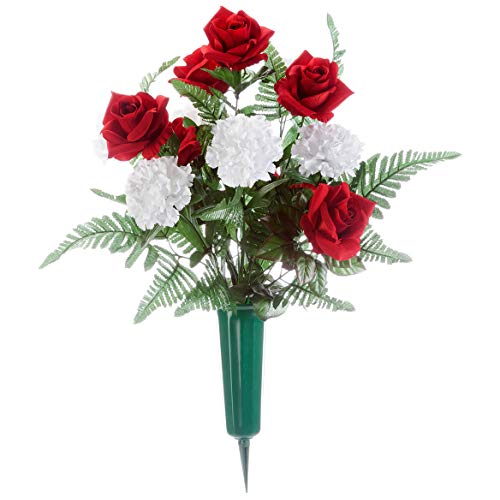 Fox Valley Traders Oakridge Red Roses and White Carnation Memorial Bouquet  Silk Floral Décor for Indoor/Outdoor Use  12 Diameter