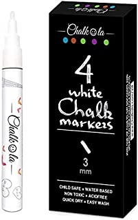 White Chalk Markers Fine Tip (4 Pack 3mm) - Wet & Dry Erase Chalk Pens for Blackboard, Chalkboards, Windows, Signs, Glass, Bistro - 3mm Reversible Bullet & Chisel Point