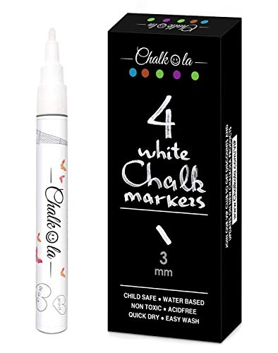 White Chalk Markers Fine Tip (4 Pack 3mm) - Wet & Dry Erase Chalk Pens for Blackboard, Chalkboards, Windows, Signs, Glass, Bistro - 3mm Reversible Bullet & Chisel Point