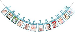 Baby First Birthday Banner, 1st Birthday Decorations, Recording Baby from 1 to 12 Month Growth Photo Supplies, Blue Glitter First Birthday Party Sign Bunting-Blue