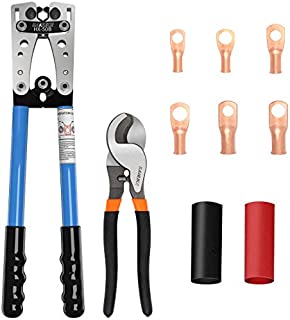 Sanuke Battery Cable wire Lug Crimping Tool for AWG 8-1/0 Electrical Lug Crimper with Cable Cutter and 12PCS Lugs Tubular Ring Terminal Connectors and 10PCS 3:1 Dual Wall Adhesive Heat Shrink Tubing