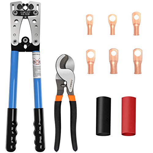 Sanuke Battery Cable wire Lug Crimping Tool for AWG 8-1/0 Electrical Lug Crimper with Cable Cutter and 12PCS Lugs Tubular Ring Terminal Connectors and 10PCS 3:1 Dual Wall Adhesive Heat Shrink Tubing