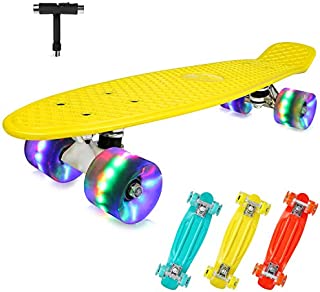 BELEEV Skateboard 22 inch Complete Mini Cruiser Skateboard for Kids Teens, Light up Wheels for Beginners(Light Yellow)