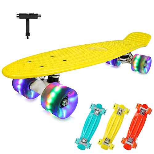 BELEEV Skateboard 22 inch Complete Mini Cruiser Skateboard for Kids Teens, Light up Wheels for Beginners(Light Yellow)