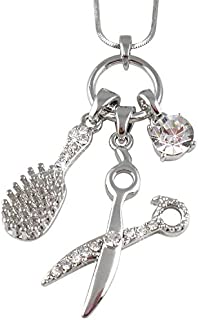 Hairdresser Gifts - Hairstylist Jewelry Gifts - Scissors Barber Shears, Brush and Crystal Multi Charm Necklace for Women - Christmas Birthday Gifts for Hair Stylists (Silver)