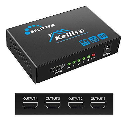 KELIIYO HDMI Splitter 1 in 4 Out - 4K Hdmi Splitter 1x4 Ports(Upgrade) Powered HDMI Splitter Supports 3D 4K@30HZ 1080P for Xbox PS4 PS3 Fire Stick Roku Blu-Ray Player (1 Input 4 Outputs)