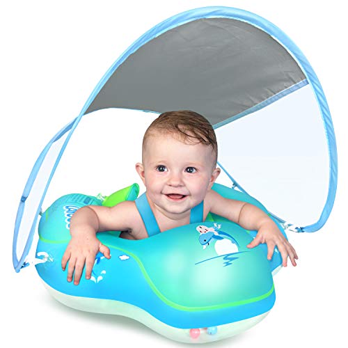 LAYCOL Baby Swimming Float Inflatable Baby Pool Float Ring Newest with Sun Protection Canopy,add Tail no flip Over for Age of 3-36 Months