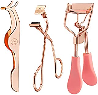 Eyelash Curler,Hizek 3 in 1 Mini Eyelash Curler Kit with Partial Eyelash Curler,Eyelash Extension Tweezers and Silicone Refill Pads,for Eyelashes Curling Natural and Long Lasting (Rose Gold)