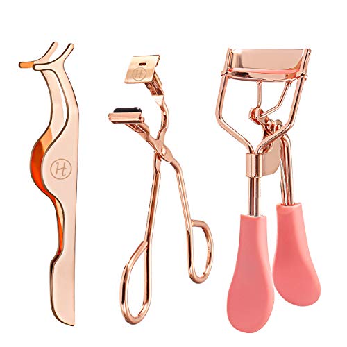 Eyelash Curler,Hizek 3 in 1 Mini Eyelash Curler Kit with Partial Eyelash Curler,Eyelash Extension Tweezers and Silicone Refill Pads,for Eyelashes Curling Natural and Long Lasting (Rose Gold)