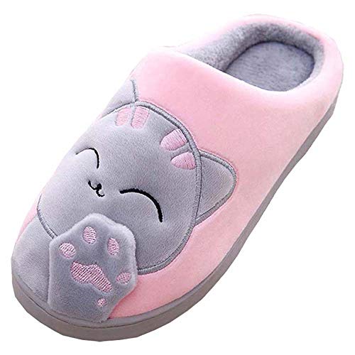 MOFEEDOUKA Women's and Men's Slippers Comfort Plush Cute House Lucky Cat Warm Indoor Home Shoes Pink