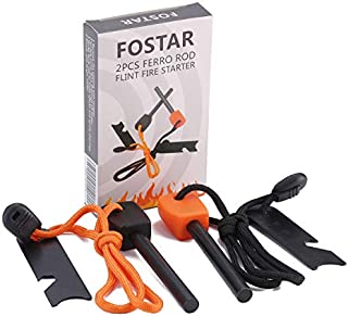 FOSTAR Ferrocerium Alloy Rod Fire Starter, 5/16 Inch Thick Waterproof Fire Steel, Bushcraft Ferro Rod with Easy Grip Handle, Multi-Tool Striker and Paracord Lanyard ( 2PCS, Black and Orange)