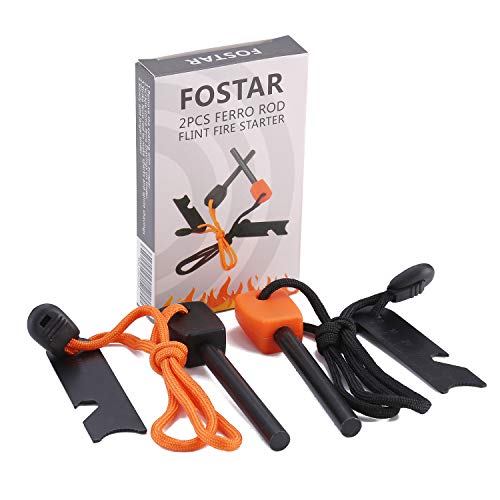 FOSTAR Ferrocerium Alloy Rod Fire Starter, 5/16 Inch Thick Waterproof Fire Steel, Bushcraft Ferro Rod with Easy Grip Handle, Multi-Tool Striker and Paracord Lanyard ( 2PCS, Black and Orange)