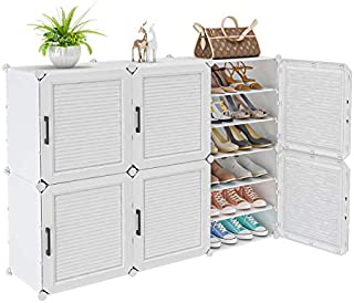 MAGIENLS Portable Shoe Rack, 36-Pair DIY Shoe Storage Shelf Organizer, Plastic Shoe Organizer for Entryway, Shoe Cabinet with Doors, White