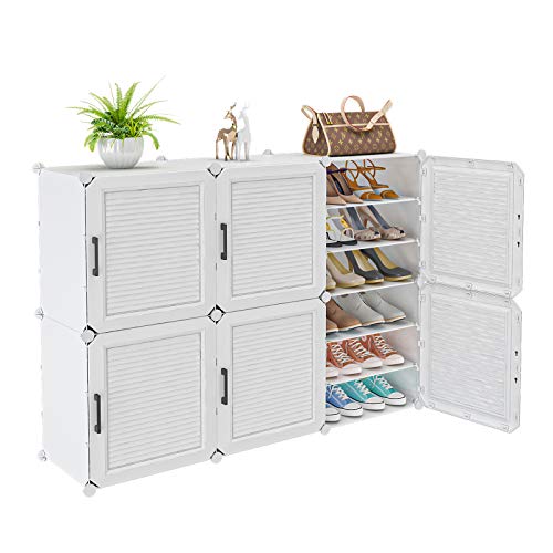 MAGIENLS Portable Shoe Rack, 36-Pair DIY Shoe Storage Shelf Organizer, Plastic Shoe Organizer for Entryway, Shoe Cabinet with Doors, White