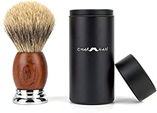 CHARMMAN Badger Hair Shaving Brush with Black Aluminium Travel Tube, Natural Pear Wooden Handle + Heavy Duty Alloy Base