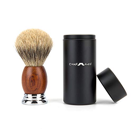 CHARMMAN Badger Hair Shaving Brush with Black Aluminium Travel Tube, Natural Pear Wooden Handle + Heavy Duty Alloy Base