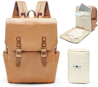 Leather Diaper Bag Backpack by miss fong, Travel Backpack Bookbag Maternity Bag with Chaning Pad, Fit in 14/15.6 Inch Computer Business Backpacks for Women Men(Brown)