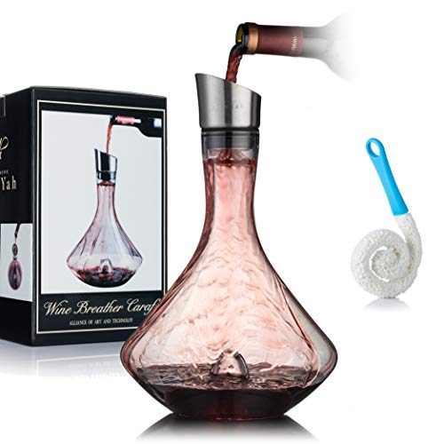 YouYah Wine Decanter Set,Red Wine Carafe with Built-in-Aerator,Wine Aerator,Wine Gift,Stainless Steel Pourer Lid,Filter,100% Hand Blown Lead-free Crystal Glass(All New Packing)