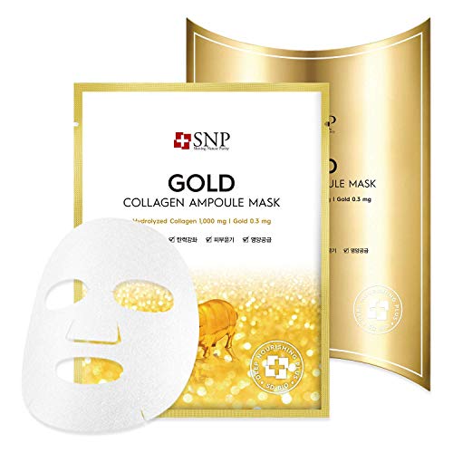 SNP - Gold Collagen Ampoule Anti-Aging Korean Face Sheet Mask - Plumps & Tightens Using Real 24K Gold for All Skin Types - 10 Sheets