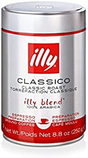 Illy Classico Espresso Ground Coffee, Medium Roast, Classic Roast with Notes of Chocolate & Caramel, 100% Arabica Coffee, All-Natural, No Preservatives, 8.8 Ounce