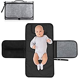 Maveek Portable Diaper Changing Pad Travel Diaper Bag Infant Waterproof Changing Mat Station Foldable Changing Mat with Head Cushion and Zipper Pockets(Grey)