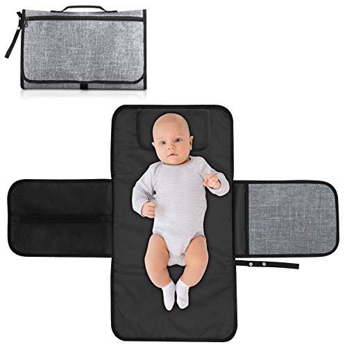 Maveek Portable Diaper Changing Pad Travel Diaper Bag Infant Waterproof Changing Mat Station Foldable Changing Mat with Head Cushion and Zipper Pockets(Grey)