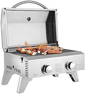 ROVSUN Portable Propane Gas Grill, 20,000 BTU Tabletop Grill Outdoor Cooking Stove with Foldable Legs,Regulator, 2 Burner Stainless Steel for Picnic Camping Trip, Tailgating, Patio Garden BBQ Home Use