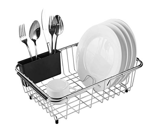 Expandable Dish Drying Rack, 304 Stainless Steel Over Sink Dish Drainer, Dish Rack in Sink or On Counter with Utensil Drying Rack, Rustproof- Medium