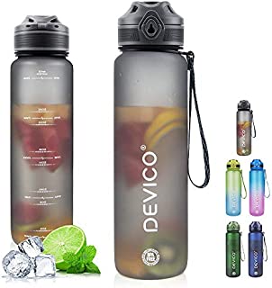 DEVICO 32oz Water Bottle with Time Marker, BPA Free & Frosted Tritan Plastic, Fast Flow & Leak Proof Flip Lid, Best Choice for Cycling, Running, Camping or Office Work (Gray)