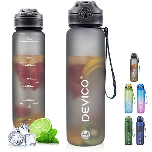 DEVICO 32oz Water Bottle with Time Marker, BPA Free & Frosted Tritan Plastic, Fast Flow & Leak Proof Flip Lid, Best Choice for Cycling, Running, Camping or Office Work (Gray)