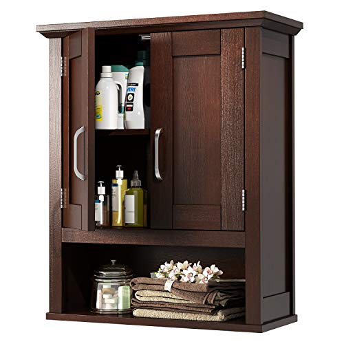 JustRoomy Home Bathroom Wall Mount Cabinet Wooden Medicine Cabinet Storage Organizer with 2 Door, Adjustable Shelf Open Storage Cube Cottage Collection Over The Toilet Hanging Cabinet, Espresso Color