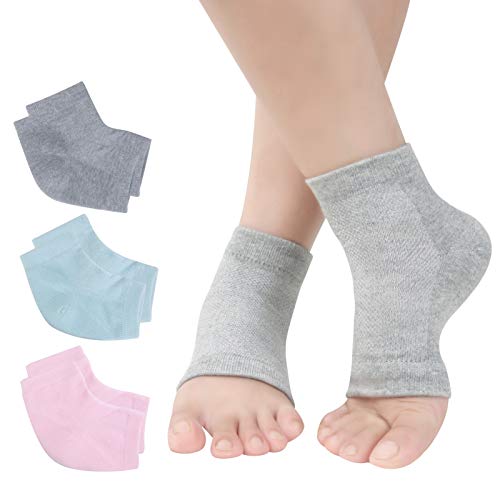 Vented Moisturizing Gel Heel Socks, 3 Pairs Toeless Spa Sock for Foot Care Treatment, Cracked Heels, Dry Feet, Foot Calluses (Grey, Green, Pink)