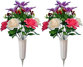 Artificial Graveyard Flower with vase, Flowers for Cemetery, Memorial Flowers, Perfect Gravestone Decorations for Cemetery (2)