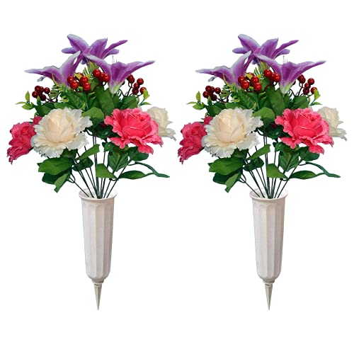 Artificial Graveyard Flower with vase, Flowers for Cemetery, Memorial Flowers, Perfect Gravestone Decorations for Cemetery (2)