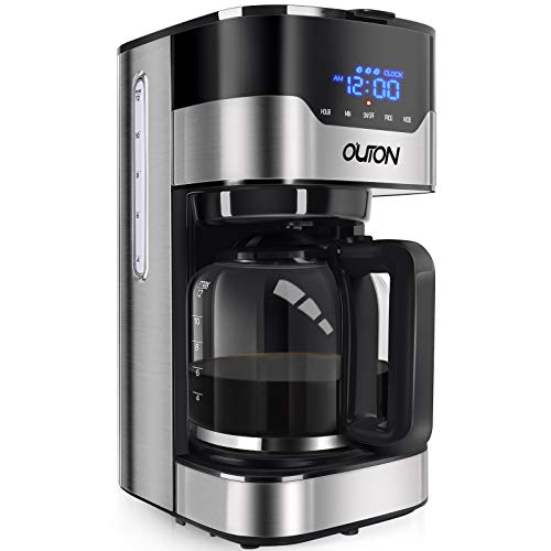 Outon Coffee Maker 12 Cup, Programmable Drip Coffee Maker, Multiple Brew Strength, Auto Shut Off, Keep Warm, Compact Coffee Machine with Glass Carafe & Reusable Coffee Filter, Black Stainless